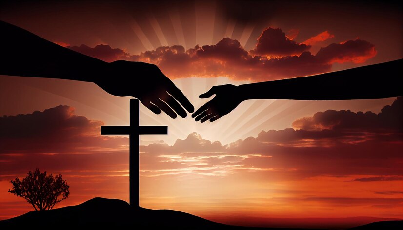 Hands reaching cross in background trusting God