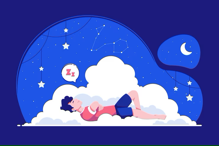 man sleeping peacefully on clouds at bedtime