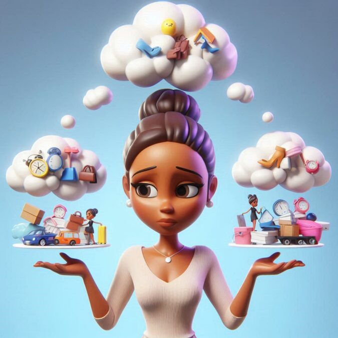 african american black woman trying to balance life, thinking of her resposibilities in thought clouds and she is stressed