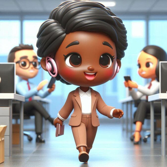 african american 3d cartoon ai woman walking happily into work