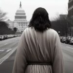 Jesus Christ walking down a road path in Washingto to the White House