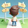 Christian white cartoon 3d man standing looking down different paths in life to choose
